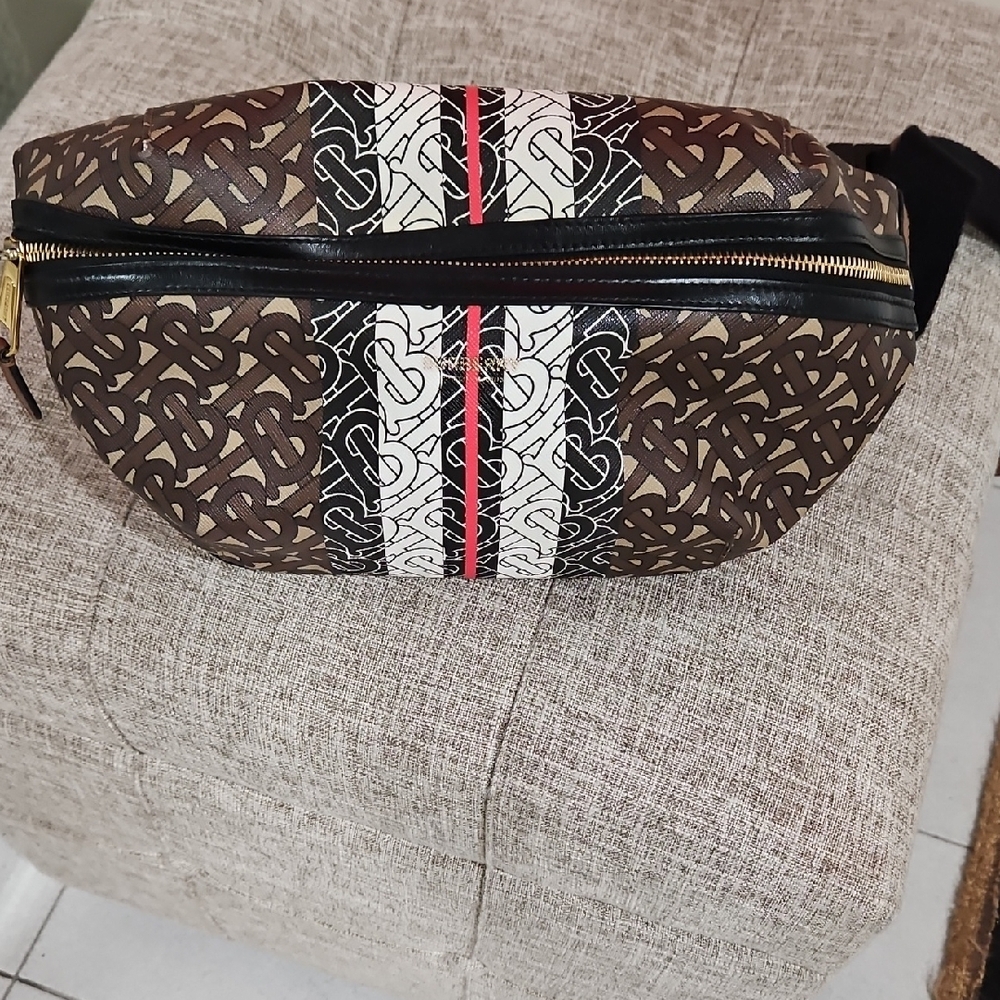 Burberry Brown and Black Belt Bag with Monogram Print UNISEX